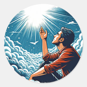 Pegatina Redonda Hombre mirando al cielo hablando con Dios