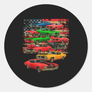 Pegatina Redonda hombre musculoso auto clásico bandera americana dí