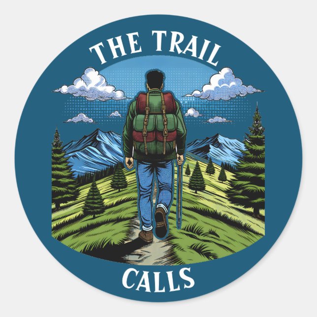 Pegatina Redonda Hombre recorriendo un sendero como la A.T. (Anverso)