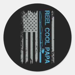 Pegatina Redonda Hombre Reel Cool Papa Pesca Bandera de EE. UU. Pat