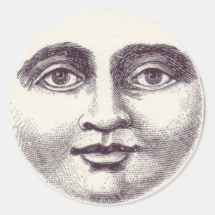 Pegatina Redonda Hombre vintage en la cara de luna llena