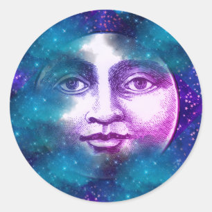 Pegatina Redonda Hombre vintage en la luna llena cara de luna estre