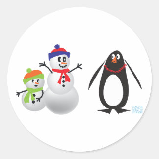 Pegatina Redonda Hombres de nieve y pingüino