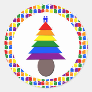 Pegatina Redonda Hombres gay arcoiris árbol de Navidad y presente