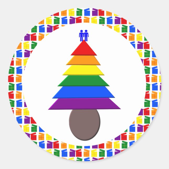 Pegatina Redonda Hombres gay arcoiris Árbol de Navidad y regalo (Anverso)