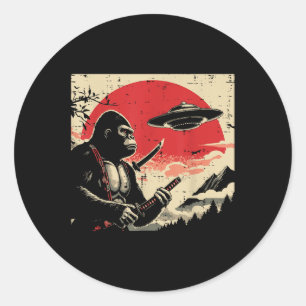 Pegatina Redonda Hombres japoneses de pie de playa Samurai Ufo Vint