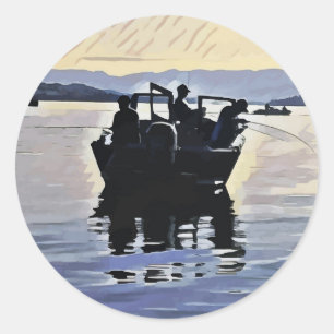 Pegatina Redonda hombres pescando en el arte abstracto de la siluet