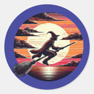 Pegatina Redonda Hombres Witch equitación Broom in sunset art ilust