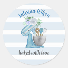 Pegatina Redonda Home Bakery Blue Flower Mixer baked with love 