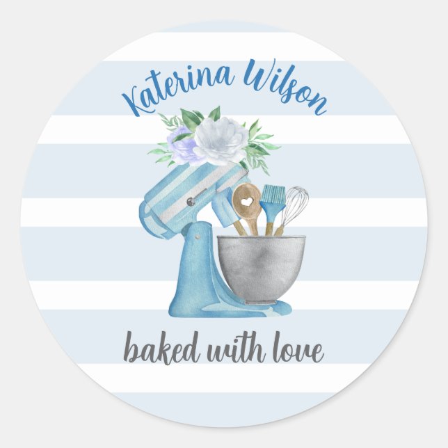 Pegatina Redonda Home Bakery Blue Flower Mixer baked with love  (Anverso)