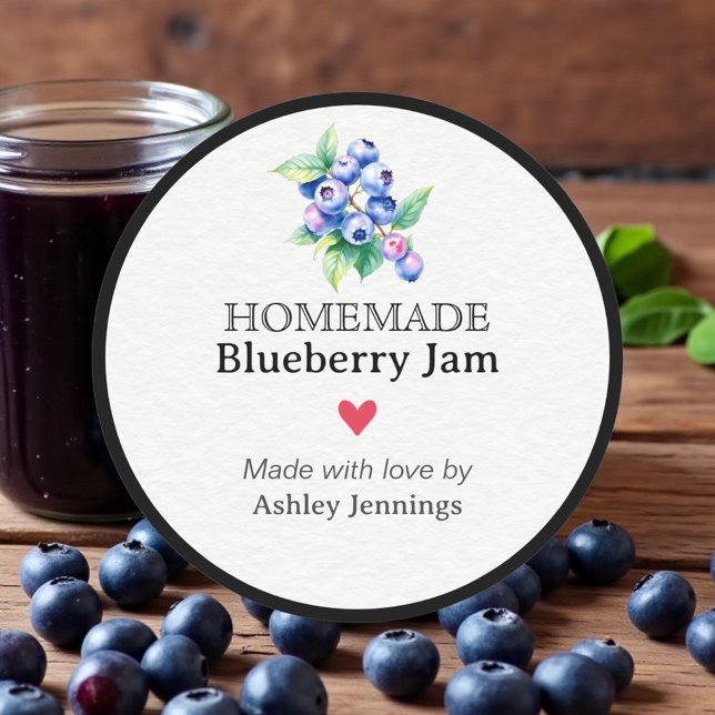 Pegatina Redonda Homemade Blueberry Jam Label | Custom Sticker (Made with love label for homemade jam jars)