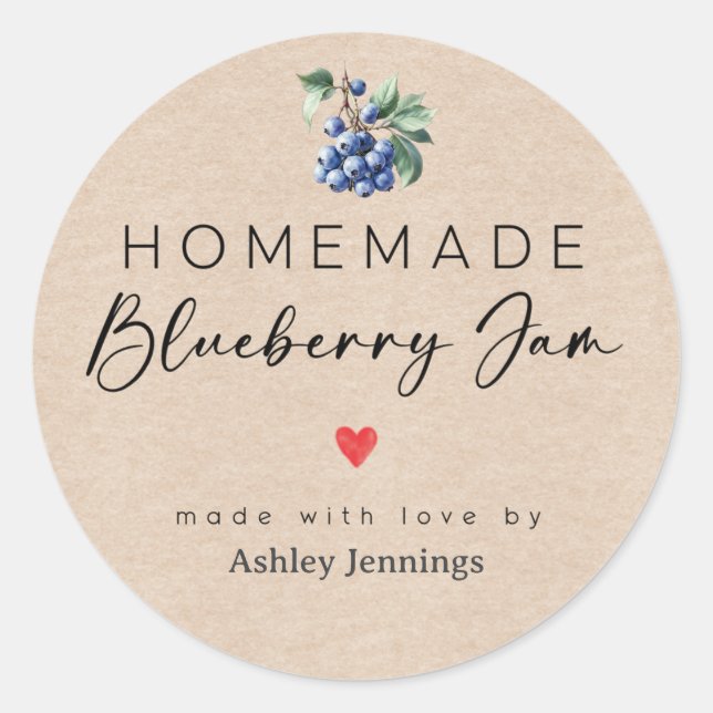 Pegatina Redonda Homemade Blueberry Jam Labels | Made with Love (Anverso)