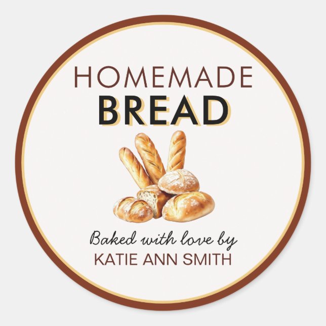 Pegatina Redonda Homemade Bread Stickers | Baked with Love Labels (Anverso)