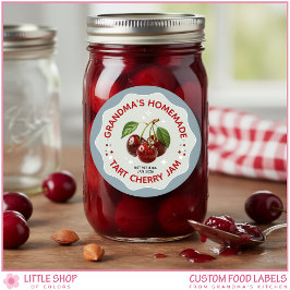 Pegatina Redonda Homemade Cherry Jam Canning Jar Labels