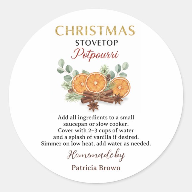 Pegatina Redonda Homemade Christmas Stovetop Potpourri Sticker Labe (Anverso)