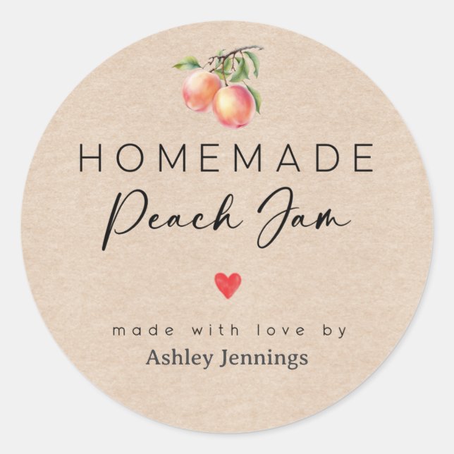 Pegatina Redonda Homemade Peach Jam Labels | Made with Love (Anverso)