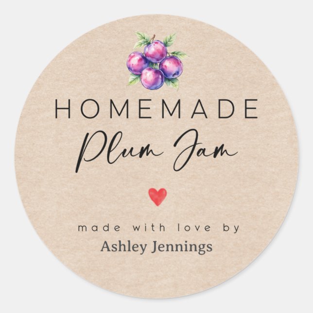 Pegatina Redonda Homemade Plum Jam Labels | Made with Love Stickers (Anverso)