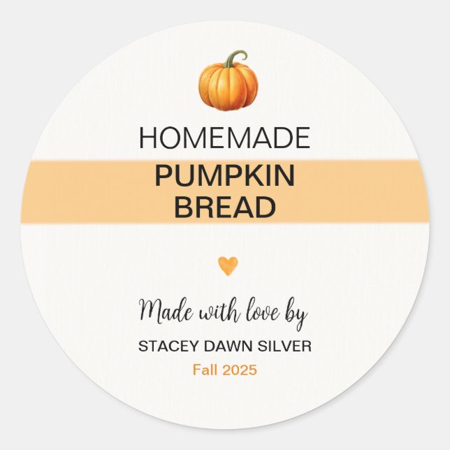 Pegatina Redonda Homemade Pumpkin Bread Labels Fall Stickers (Anverso)