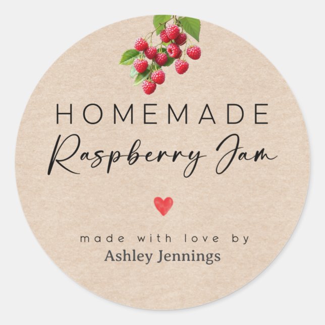 Pegatina Redonda Homemade Raspberry Jam Labels | Made with Love (Anverso)