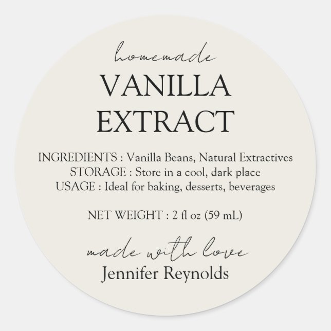 Pegatina Redonda Homemade Vanilla Extract ivory beige Instructions (Anverso)