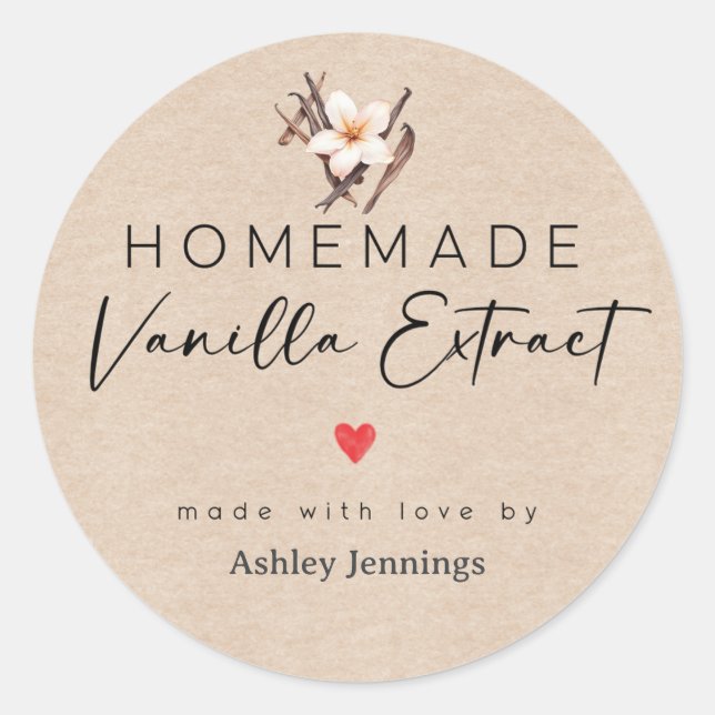 Pegatina Redonda Homemade Vanilla Extract Labels | Made with Love (Anverso)