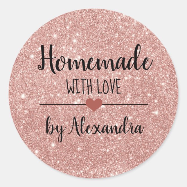 Pegatina Redonda Homemade with love blush pink purpurina script (Anverso)
