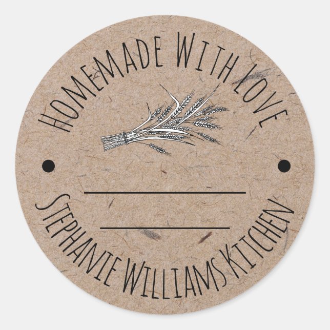 Pegatina Redonda Homemade with Love Kraft Paper, haciendo pan (Anverso)