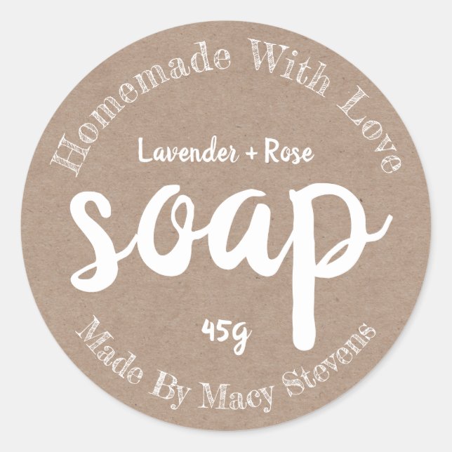 Pegatina Redonda Homemade With Love Kraft Soap Label (Anverso)
