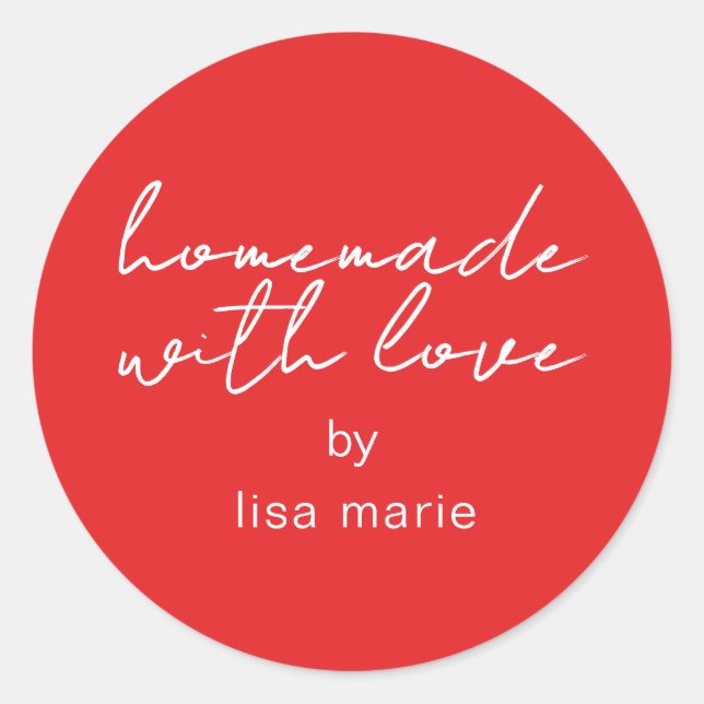 Pegatina Redonda Homemade with Love Personalized Bright Red Gift (Anverso)