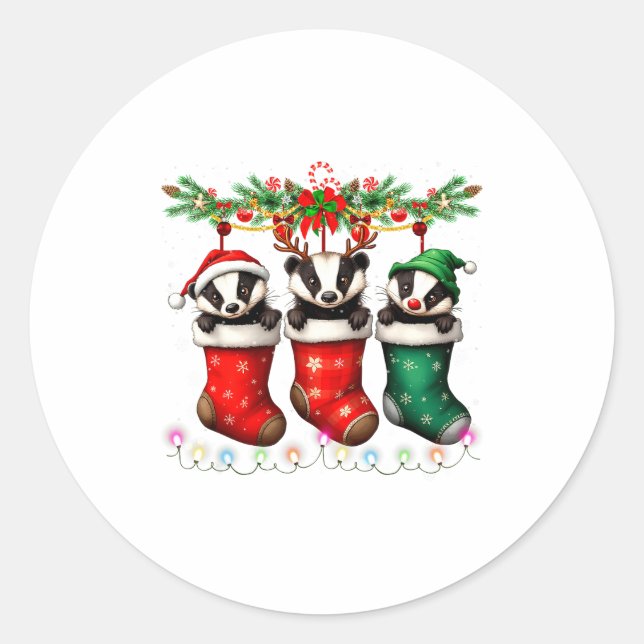 Pegatina Redonda Honey Badger In Christmas Socks Lights Honey Badge (Anverso)