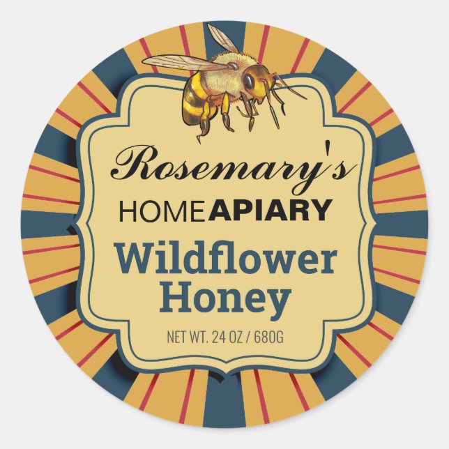 Pegatina Redonda Honey Bee Sunburst Modern Gold Honey Jar Labels (Anverso)