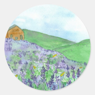 Pegatina Redonda Honey Bees Lavender Field Mountain Meadow