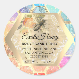 Pegatina Redonda Honey Jar Honeybee Honeycomb Apiary Blue Pink