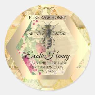Pegatina Redonda Honey Jar Honeybee Honeycomb Apiary Gold