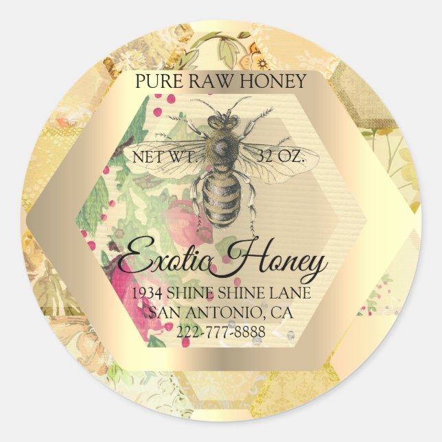 Pegatina Redonda Honey Jar Honeybee Honeycomb Apiary Gold (Anverso)