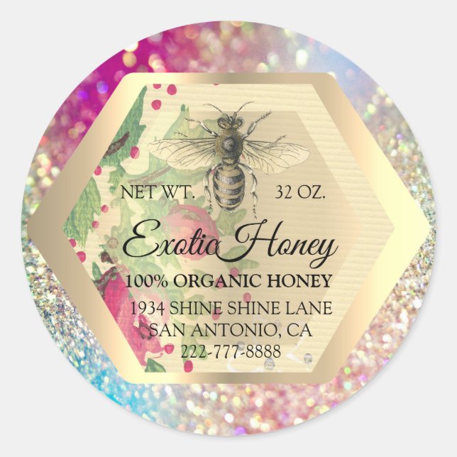 Pegatina Redonda Honey Jar Honeybee Honeycomb Apiary Gold GREE (Anverso)