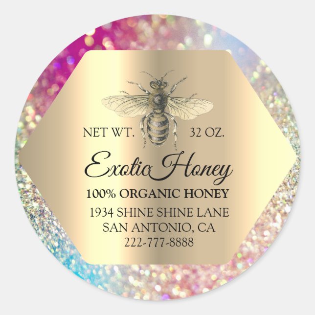 Pegatina Redonda Honey Jar Honeybee Honeycomb Apiary Gold Pink (Anverso)