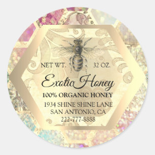 Pegatina Redonda Honey Jar Honeybee Honeycomb Apiary Gold Pink VIP