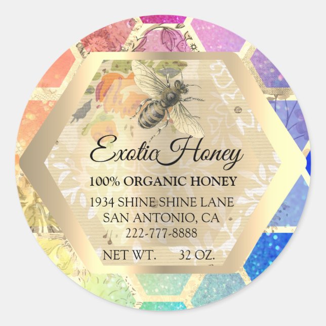 Pegatina Redonda Honey Jar Honeybee Honeycomb Apiary Gold Rainbow (Anverso)