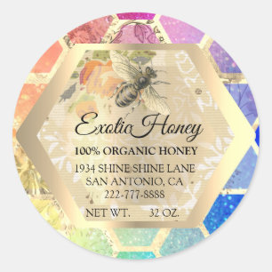 Pegatina Redonda Honey Jar Honeybee Honeycomb Apiary Gold Rainbow