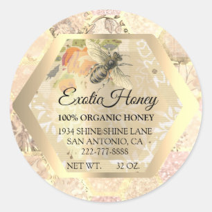 Pegatina Redonda Honey Jar Honeybee Honeycomb Apiary Gold Rubor