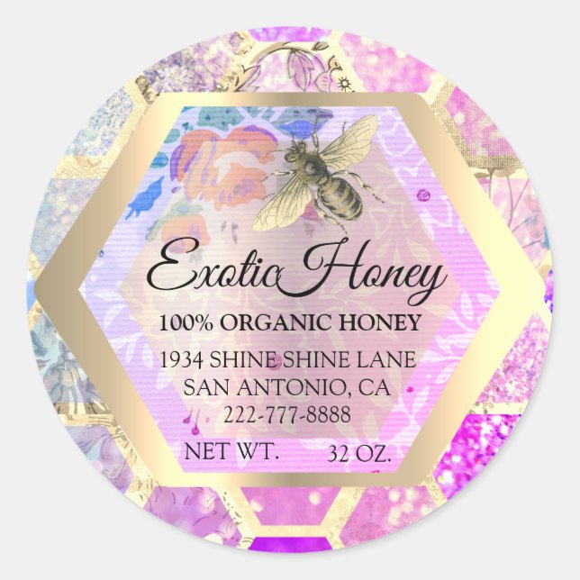 Pegatina Redonda Honey Jar Honeybee Honeycomb Apiary Pink Purpurina (Anverso)