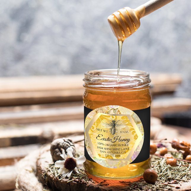 Pegatina Redonda Honey Jar Honeybee Honeycomb Apiary Purpurina GOLD (Subido por el creador)