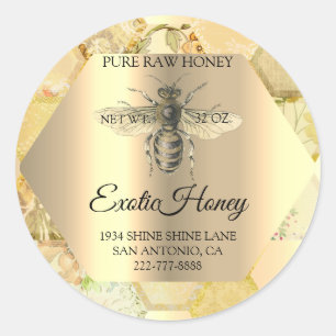 Pegatina Redonda Honey Jar Honeybee Honeycomb Bee Apiary Organic