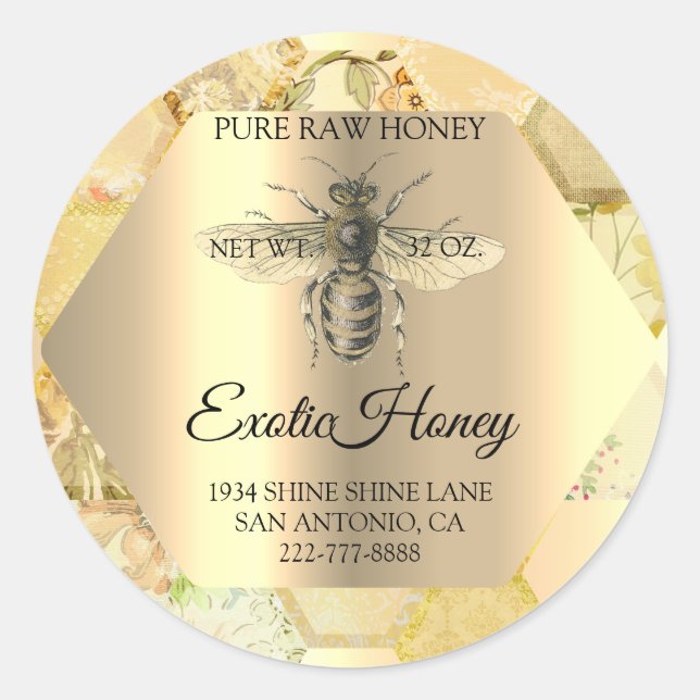 Pegatina Redonda Honey Jar Honeybee Honeycomb Bee Apiary Organic (Anverso)