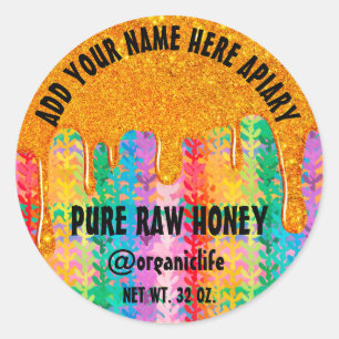 Pegatina Redonda Honey Jar Honeybee Honeycomb Gold Dribows