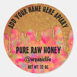 Pegatina Redonda Honey Jar Honeybee Honeycomb Gold Drip Pink Red
