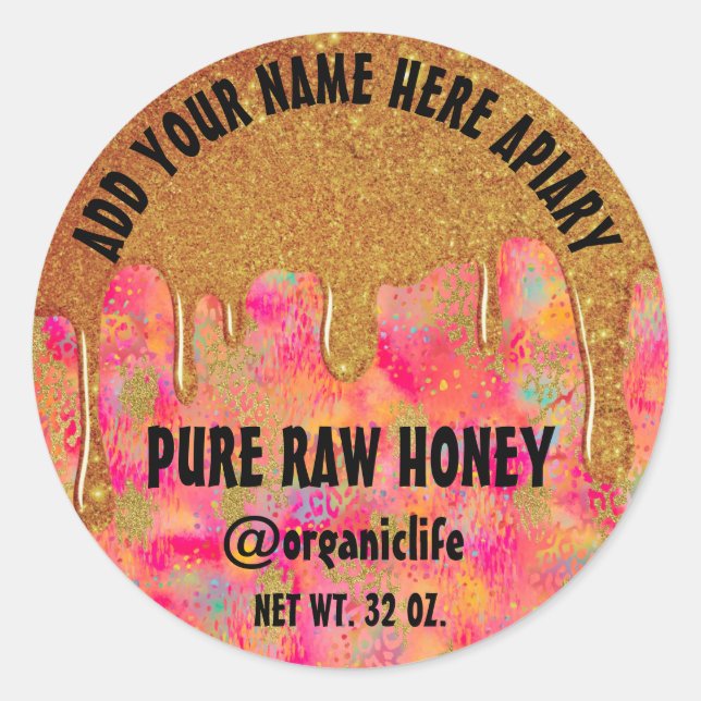 Pegatina Redonda Honey Jar Honeybee Honeycomb Gold Drip Pink Red (Anverso)