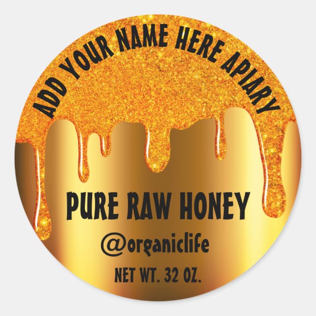 Pegatina Redonda Honey Jar Honeybee Honeycomb Gold Drips Social (Anverso)