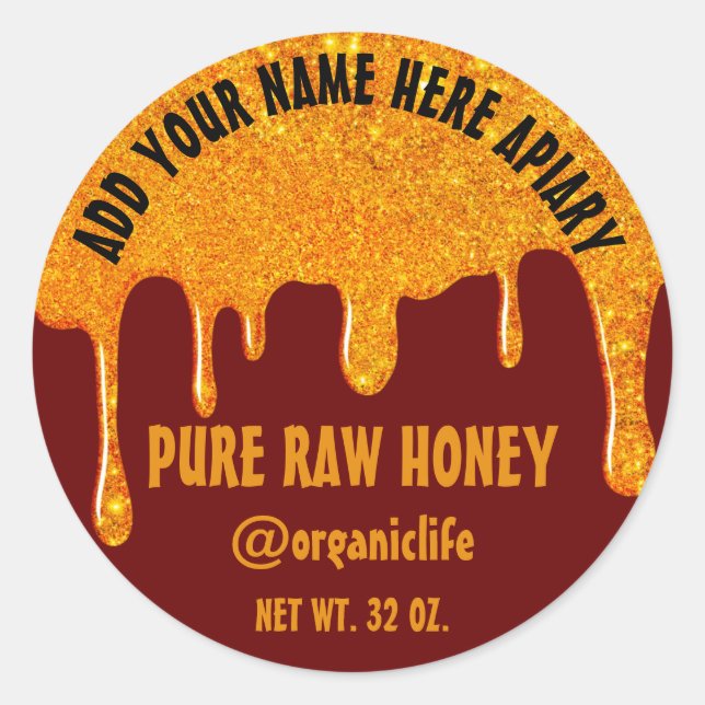 Pegatina Redonda Honey Jar Honeybee Honeycomb Gold Dris Maroon (Anverso)